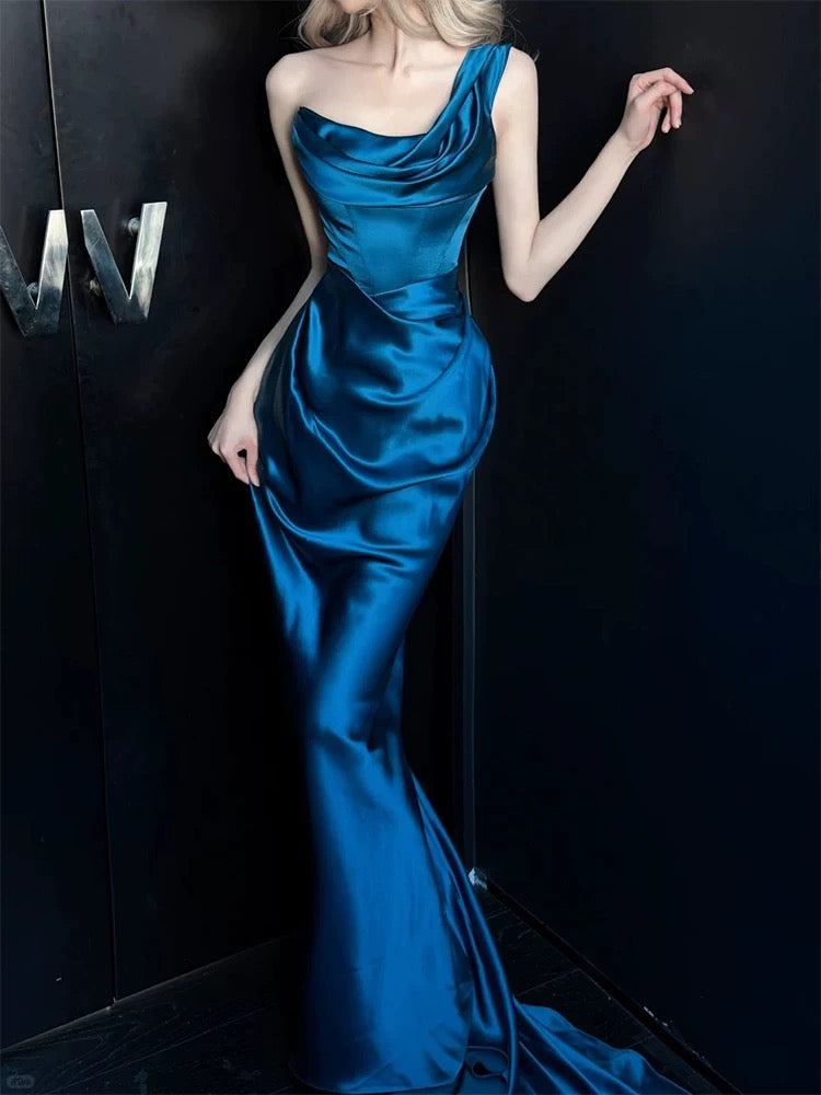 Modest Prom Dresses Mermaid One Shoulder Blue Satin With Pleated Long Formal Dress N3159