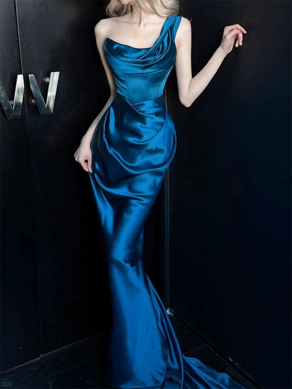 Modest Prom Dresses Mermaid One Shoulder Blue Satin With Pleated Long Formal Dress N3159