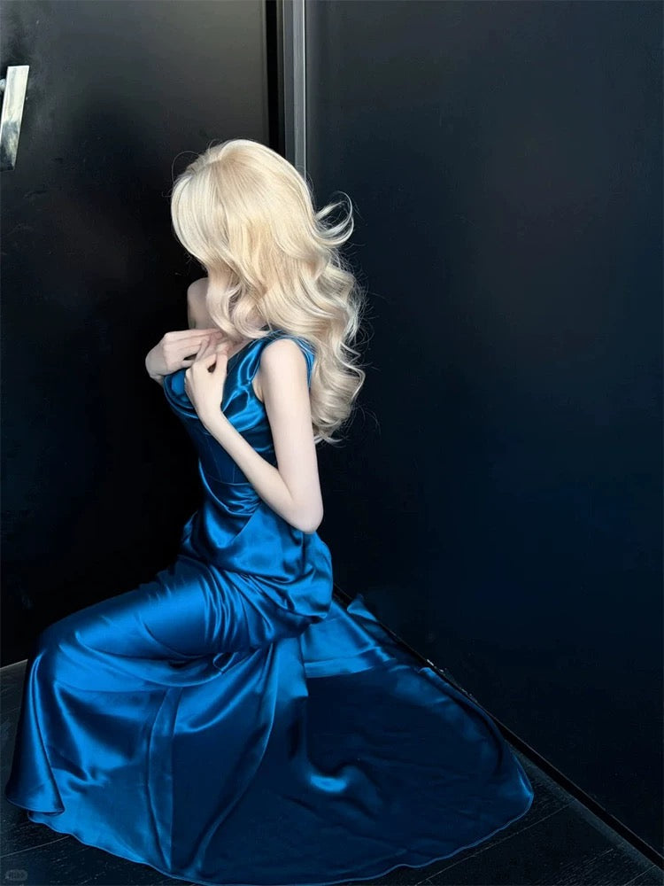 Modest Prom Dresses Mermaid One Shoulder Blue Satin With Pleated Long Formal Dress N3159