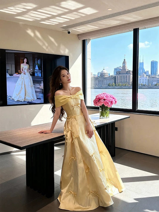 Simple Prom Dresses A Line Off The Shoulder Yellow Satin With Bow Long Formal Dress N3172