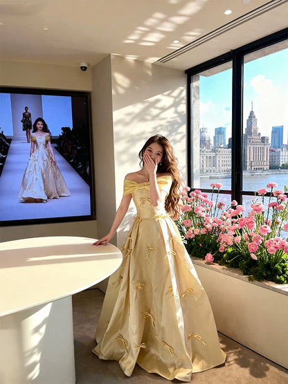 Simple Prom Dresses A Line Off The Shoulder Yellow Satin With Bow Long Formal Dress N3172