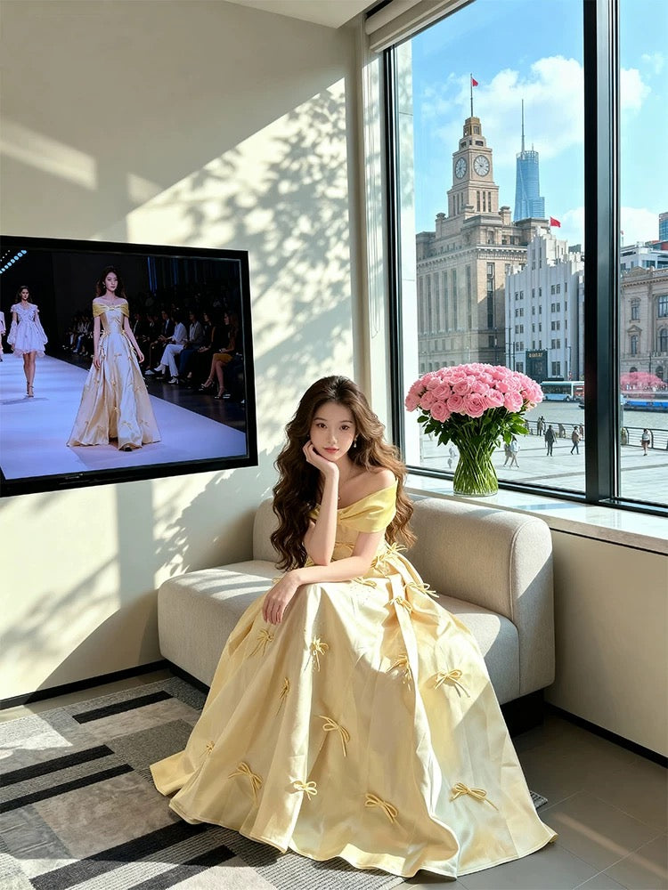 Simple Prom Dresses A Line Off The Shoulder Yellow Satin With Bow Long Formal Dress N3172