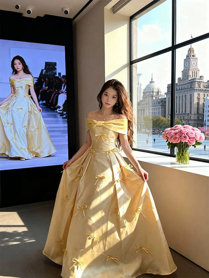 Simple Prom Dresses A Line Off The Shoulder Yellow Satin With Bow Long Formal Dress N3172