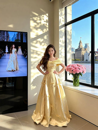 Simple Prom Dresses A Line Off The Shoulder Yellow Satin With Bow Long Formal Dress N3172