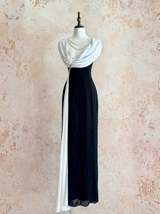 Simple Prom Dresses A Line Black White Chiffon With Flower Long Formal Dress N3174