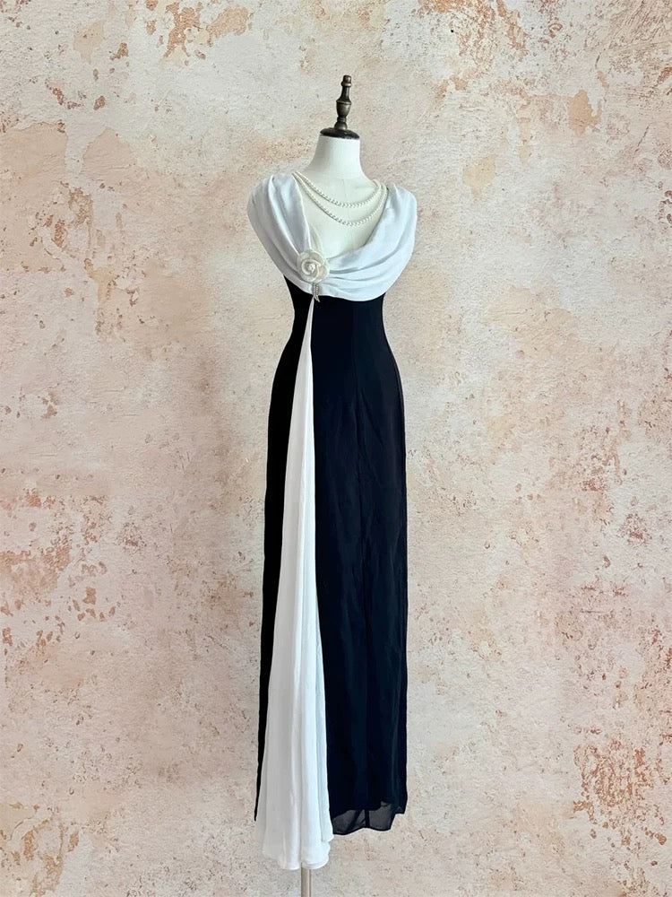 Simple Prom Dresses A Line Black White Chiffon With Flower Long Formal Dress N3174