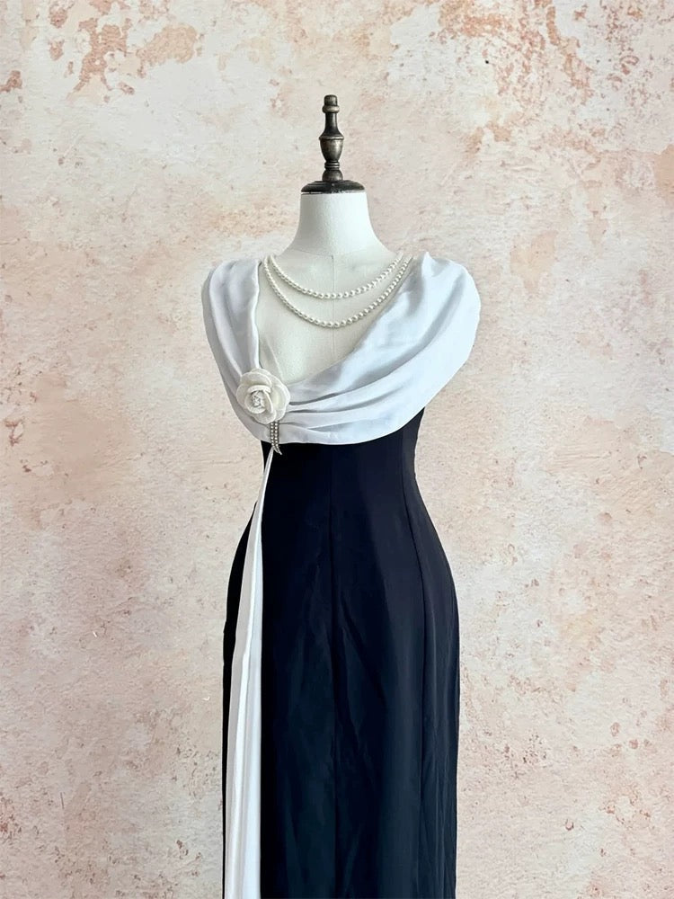 Simple Prom Dresses A Line Black White Chiffon With Flower Long Formal Dress N3174