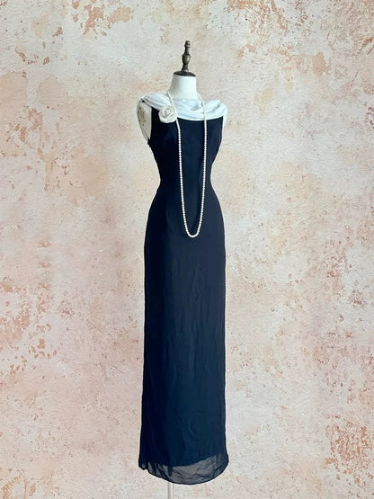 Simple Prom Dresses A Line Black White Chiffon With Flower Long Formal Dress N3174