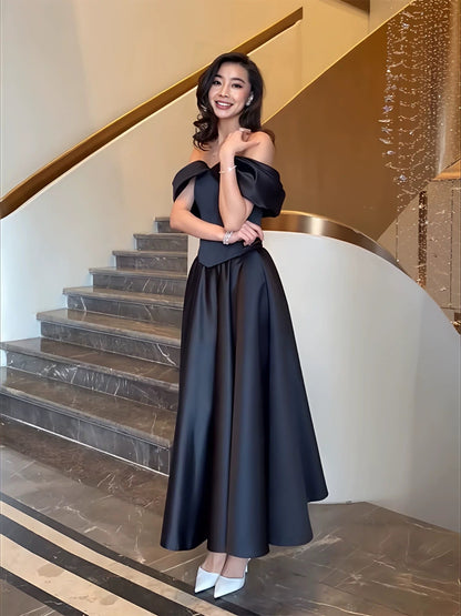 Simple Prom Dresses A Line Off The Shoulder Black Satin Mid Length Women Formal Dress N3178