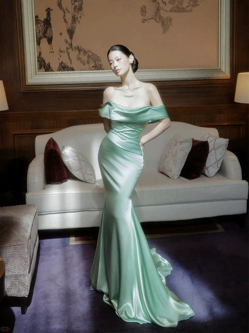 Charming Prom Dresses Mermaid Off The Shoulder Mint Green Satin Long Formal Evening Dress N3915