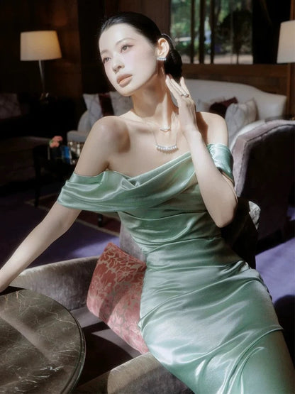 Charming Prom Dresses Mermaid Off The Shoulder Mint Green Satin Long Formal Evening Dress N3915