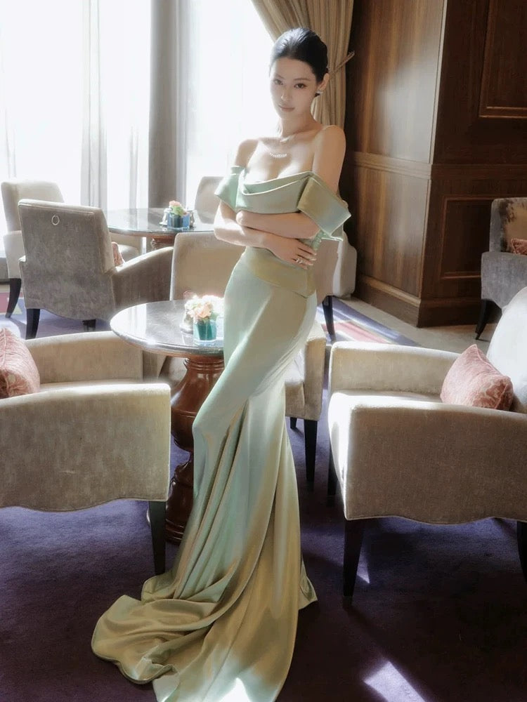 Charming Prom Dresses Mermaid Off The Shoulder Mint Green Satin Long Formal Evening Dress N3915