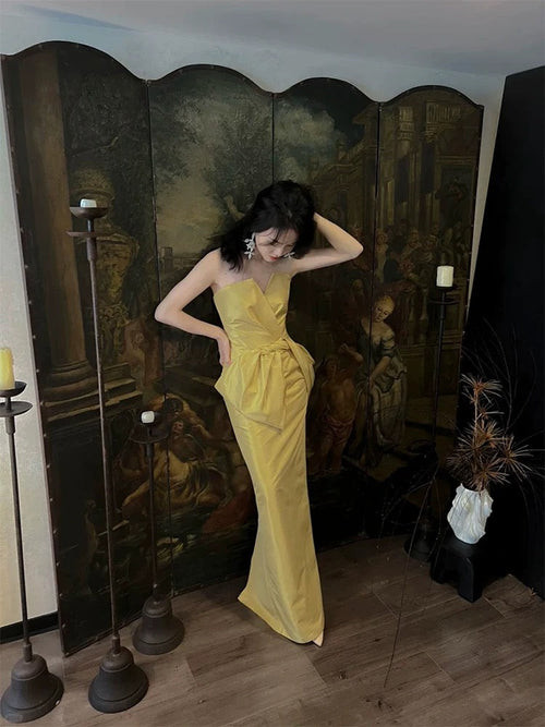 Sexy Prom Dresses Mermaid Sweetheart Gold Satin Sleeveless Long Formal Evening Dress N3952