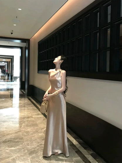 Sexy Prom Dresses Mermaid One Shoulder Champagne Satin Sleeveless Long Formal Evening Dress N3955