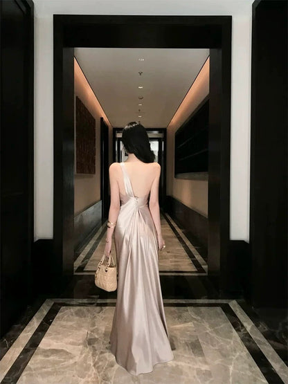 Sexy Prom Dresses Mermaid One Shoulder Champagne Satin Sleeveless Long Formal Evening Dress N3955