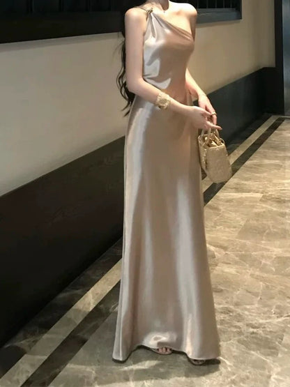 Sexy Prom Dresses Mermaid One Shoulder Champagne Satin Sleeveless Long Formal Evening Dress N3955