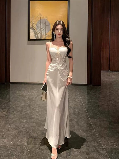 Elegant Prom Dresses Mermaid Spaghetti Strap White Lace Long Formal Evening Dress N3964