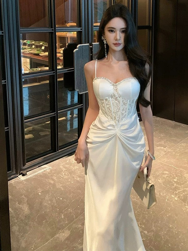 Elegant Prom Dresses Mermaid Spaghetti Strap White Lace Long Formal Evening Dress N3964