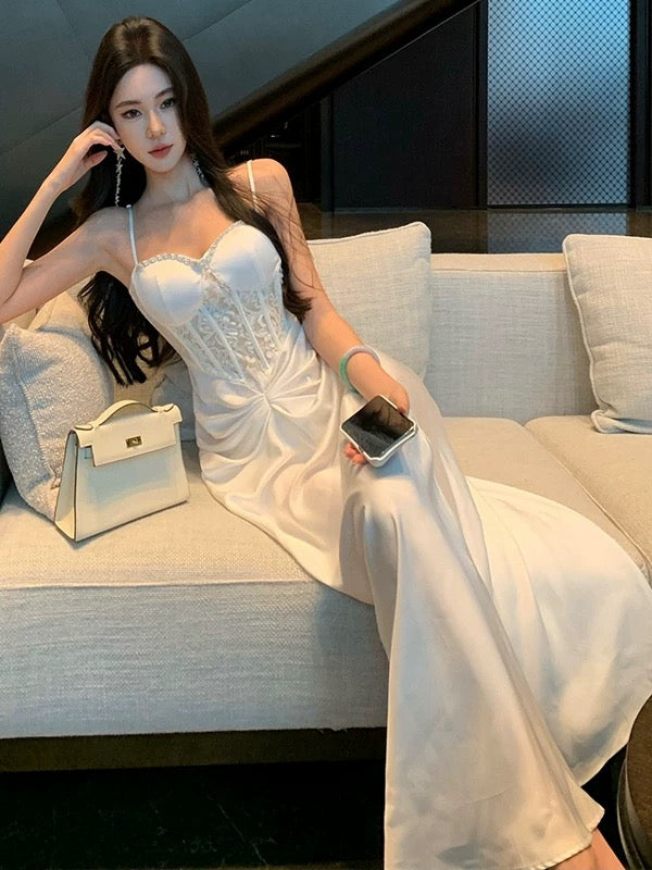 Elegant Prom Dresses Mermaid Spaghetti Strap White Lace Long Formal Evening Dress N3964