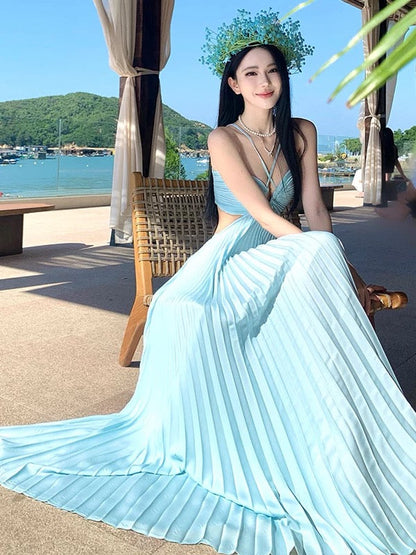 Elegant Prom Dresses A Line Halter Blue Chiffon With Pleated Backless Long Formal Evening Dress N3970
