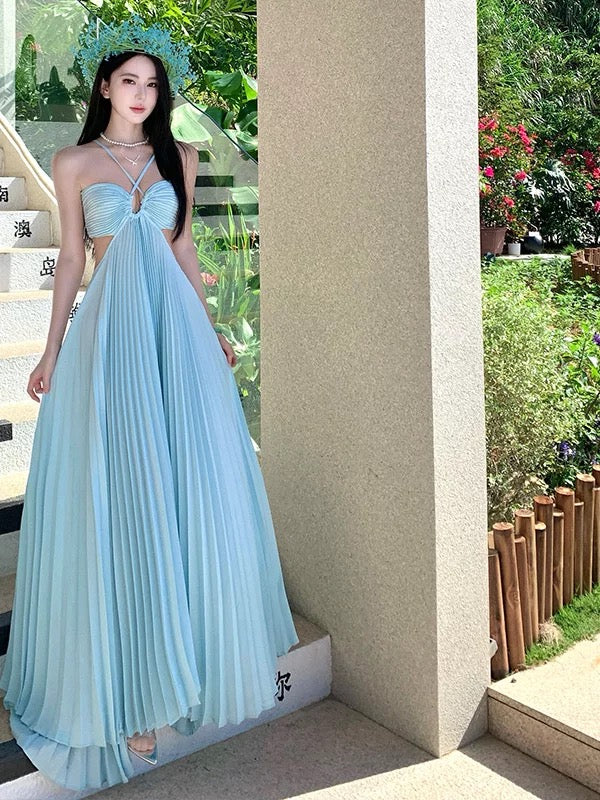 Elegant Prom Dresses A Line Halter Blue Chiffon With Pleated Backless Long Formal Evening Dress N3970