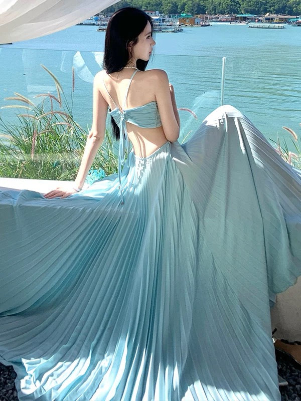 Elegant Prom Dresses A Line Halter Blue Chiffon With Pleated Backless Long Formal Evening Dress N3970