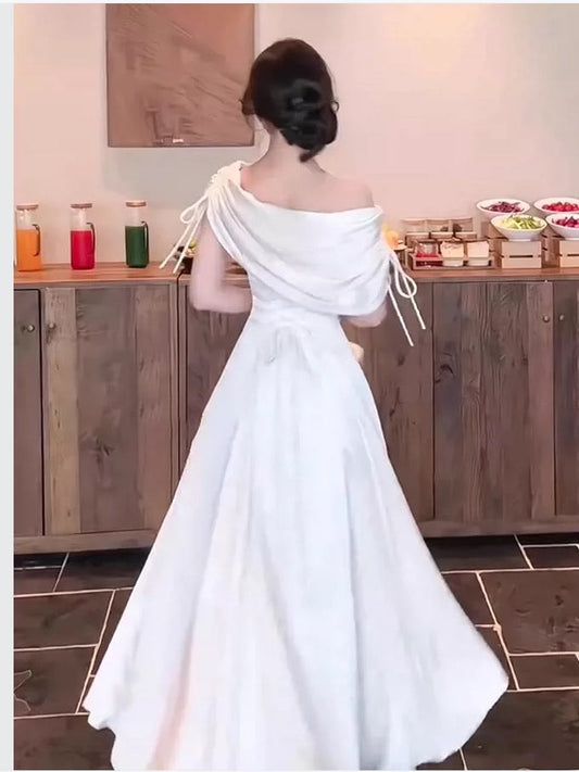 Elegant Prom Dresses A Line Off The Shoulder White With Pleated Knee Length Formal Evening Dress N3971