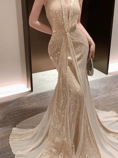 Elegant Prom Dresses Mermaid Halter Gold Sequin With Pleated Formal Evening Dress N3973