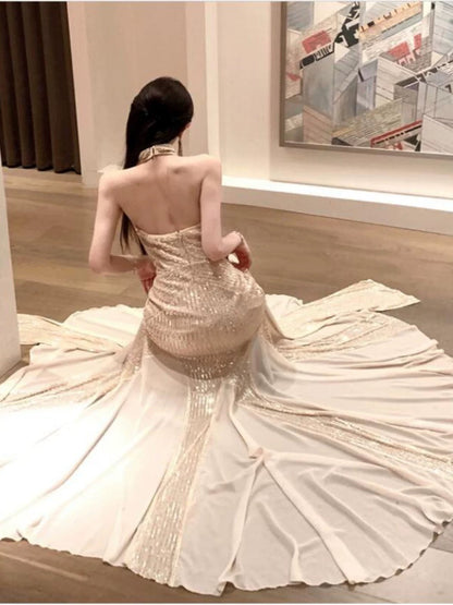 Elegant Prom Dresses Mermaid Halter Gold Sequin With Pleated Formal Evening Dress N3973