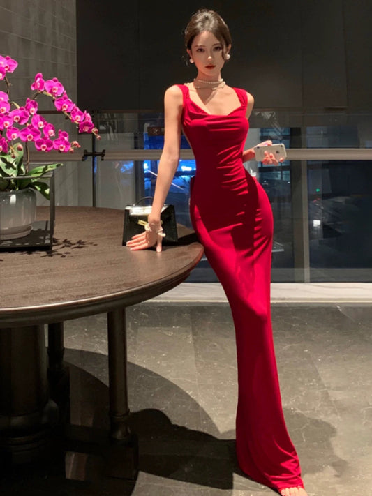 Sexy Prom Dresses Mermaid Spaghetti Strap Red Backless With Pleated Formal Evening Dress N3979