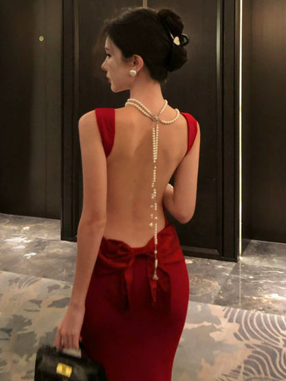 Sexy Prom Dresses Mermaid Spaghetti Strap Red Backless With Pleated Formal Evening Dress N3979