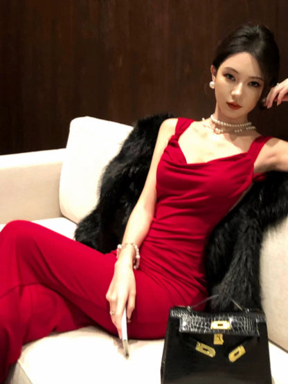 Sexy Prom Dresses Mermaid Spaghetti Strap Red Backless With Pleated Formal Evening Dress N3979