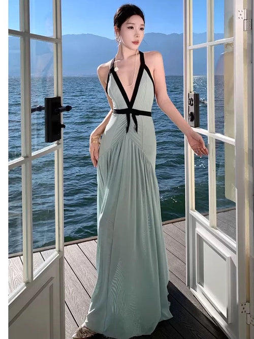 Pretty Prom Dresses Mermaid Halter Blue Chiffon Gown Formal Semi Long Formal Evening Dress N3988