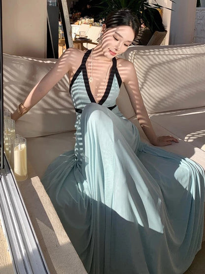 Pretty Prom Dresses Mermaid Halter Blue Chiffon Gown Formal Semi Long Formal Evening Dress N3988