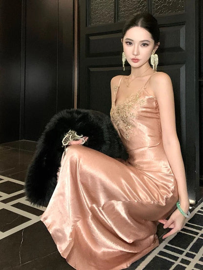 Pretty Prom Dresses Mermaid Spaghetti Strap Pink Evening Gown Formal Semi Long Formal Dress N3991