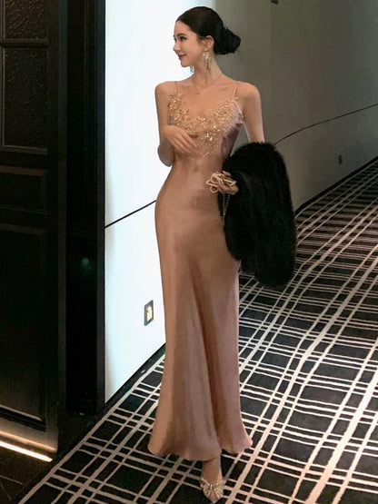 Pretty Prom Dresses Mermaid Spaghetti Strap Pink Evening Gown Formal Semi Long Formal Dress N3991