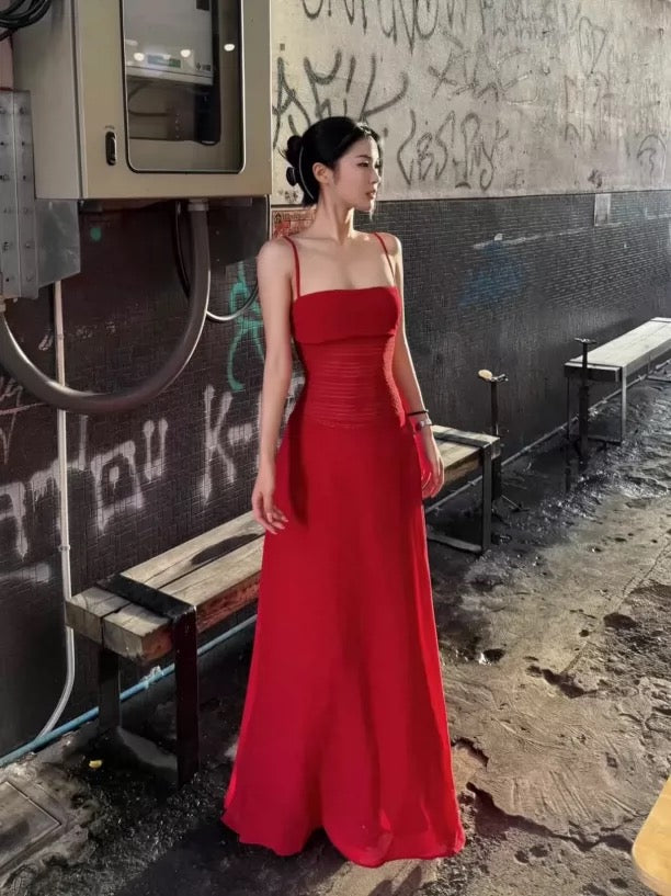 Simple Prom Dresses A Line Red Spaghetti Strap Chiffon Evening Gown Formal With Pleated Formal Dress N4005
