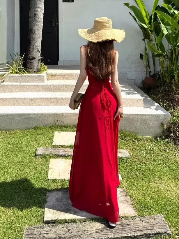 Simple Prom Dresses A Line Red Spaghetti Strap Chiffon Evening Gown Formal With Pleated Formal Dress N4005