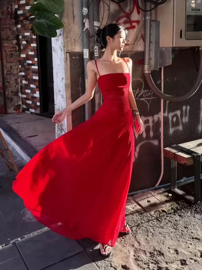 Simple Prom Dresses A Line Red Spaghetti Strap Chiffon Evening Gown Formal With Pleated Formal Dress N4005