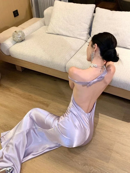Simple Prom Dresses Mermaid Off The Shoulder Lilac Satin Evening Gown Formal Dress N4018