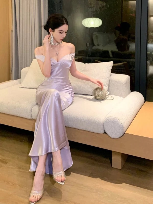 Simple Prom Dresses Mermaid Off The Shoulder Lilac Satin Evening Gown Formal Dress N4018