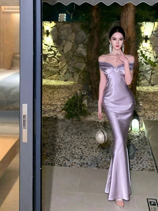 Simple Prom Dresses Mermaid Off The Shoulder Lilac Satin Evening Gown Formal Dress N4018