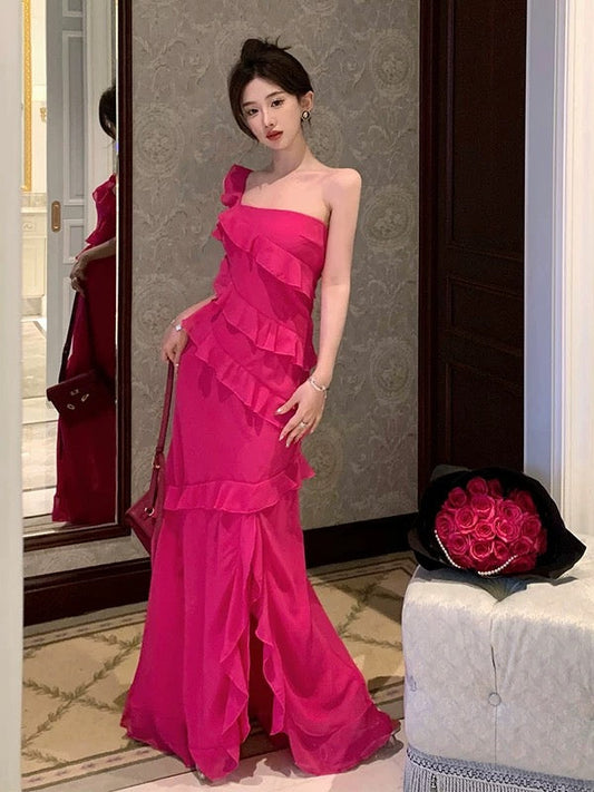 Classy Prom Dresses Mermaid One Shoulder Hot Pink Chiffon Evening Gown Formal Dress N4021