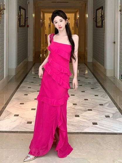 Classy Prom Dresses Mermaid One Shoulder Hot Pink Chiffon Evening Gown Formal Dress N4021