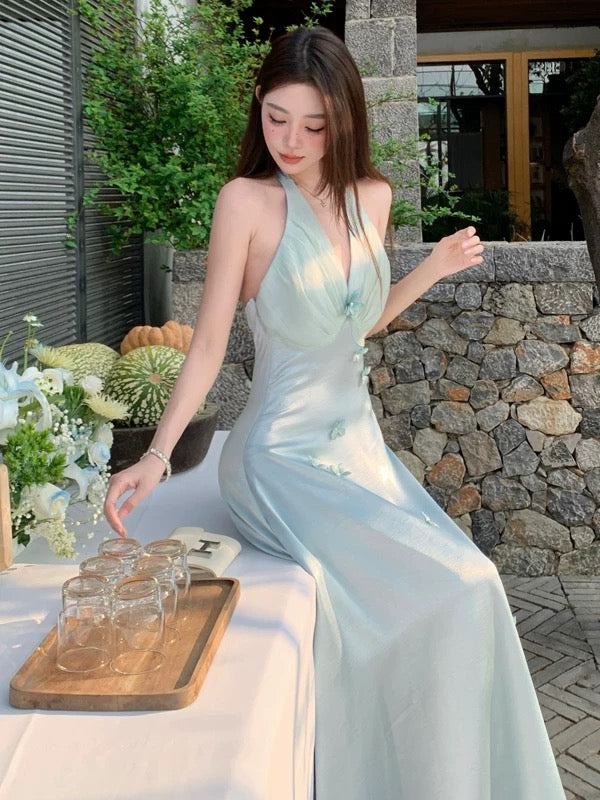 Classy Prom Dresses Mermaid Halter Slit Chiffon Evening Gown Long Formal Dress N4029