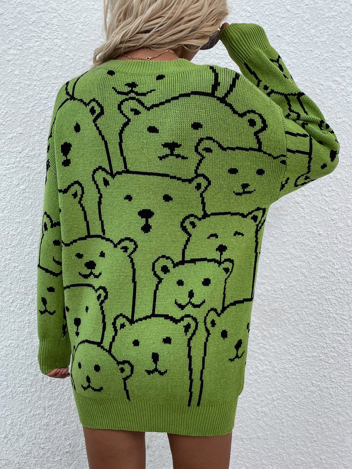 Smiley Polar Bear Knit Sweater Dress - Green