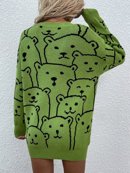 Smiley Polar Bear Knit Sweater Dress - Green