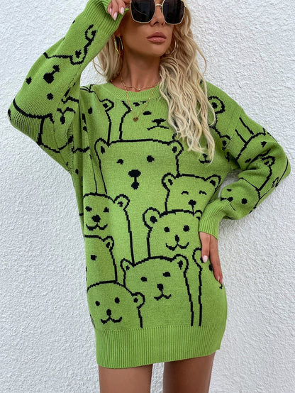 Smiley Polar Bear Knit Sweater Dress - Green