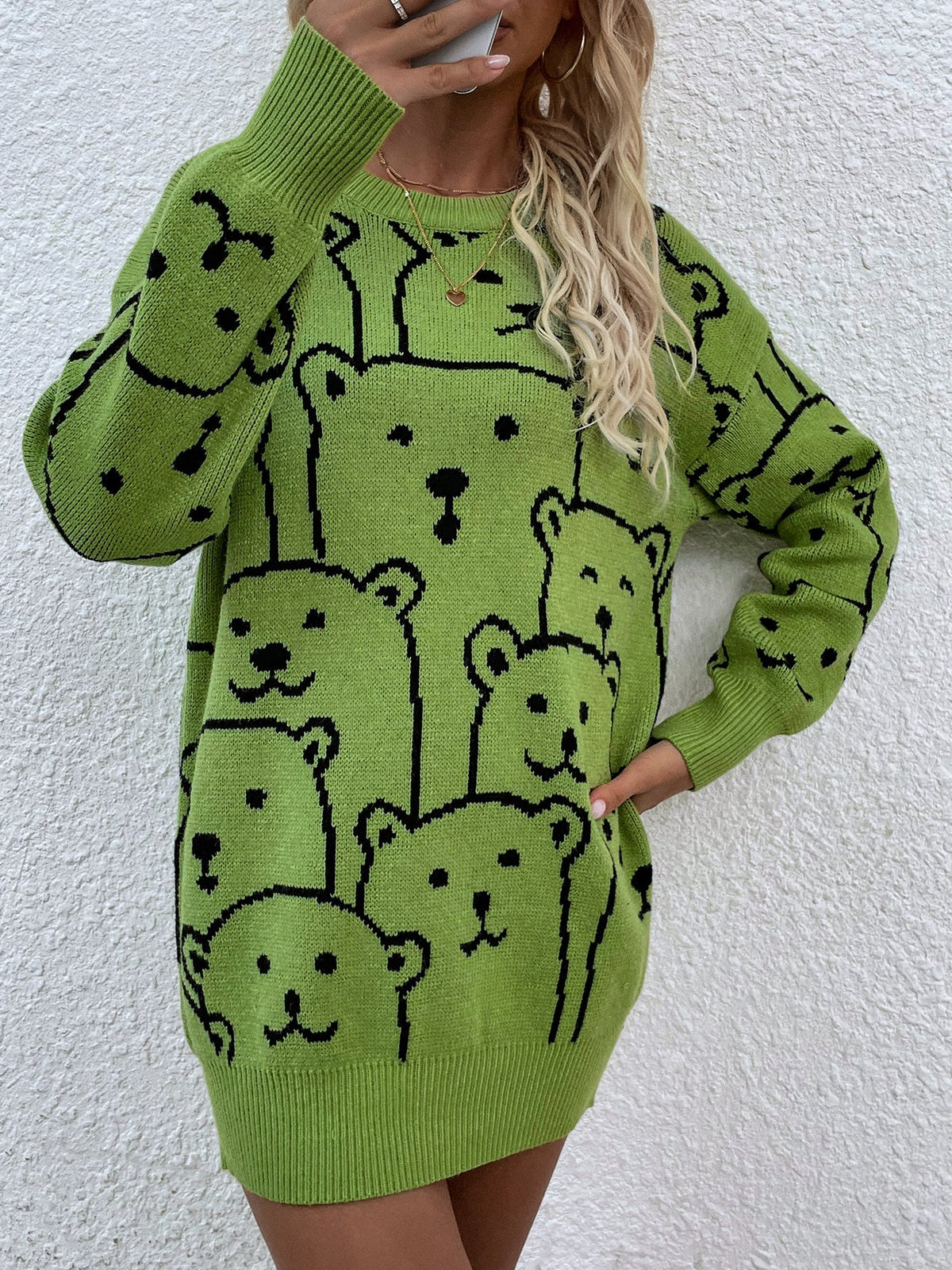 Smiley Polar Bear Knit Sweater Dress - Green