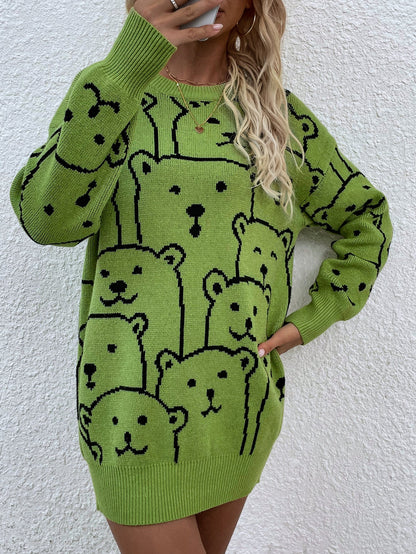 Smiley Polar Bear Knit Sweater Dress - Green